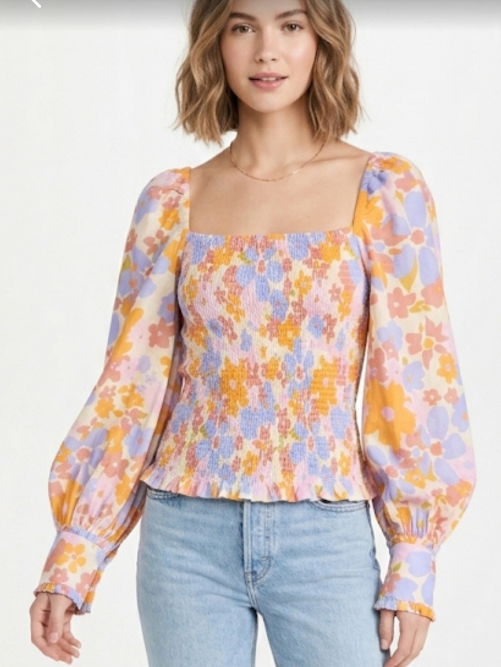 FREE PEOPLE Smocked Square-Neck Floral Puff-Sleeve Top - Pastel Multi, Size XL